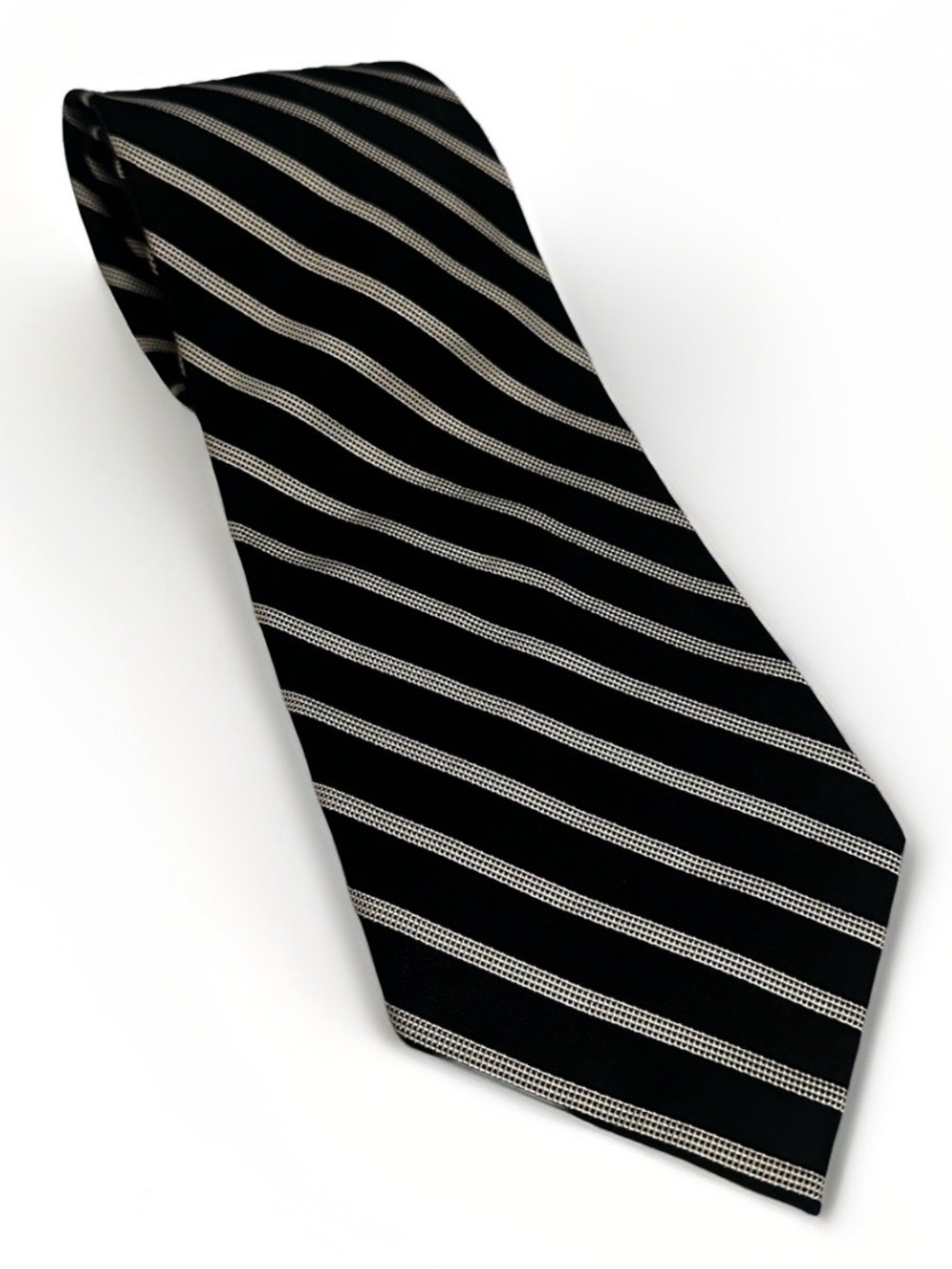Bugatti Silk Tie Black & White Stripes Men Necktie Office Cravat Vintage Classic